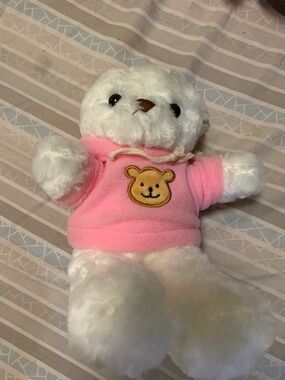 Plush White Bear in Pink Hoodie with Bear Patch - Kids Toy